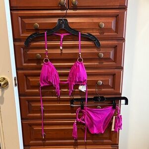 NWT Vitamin A Hot Pink Fringe Bikini Set w/ Rustic Gold Hardware